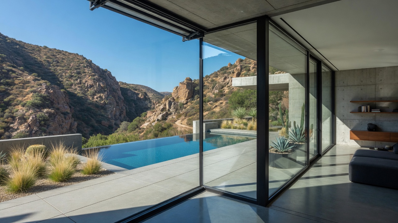 California house with European black-framed glass