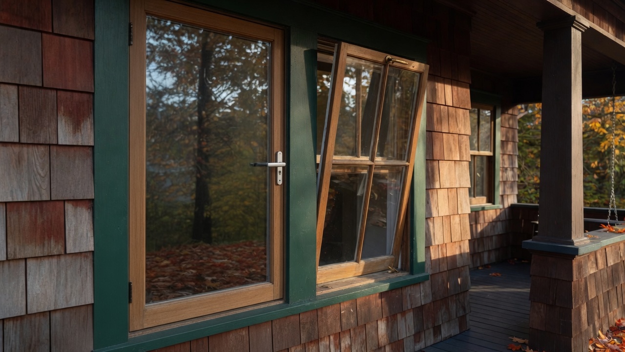 Craftsman bungalow with European wood-tone windows